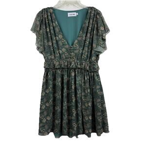 Line and Dot Green Floral Paisley Print Chiffon Mini Dress Large Flutter Sleeve